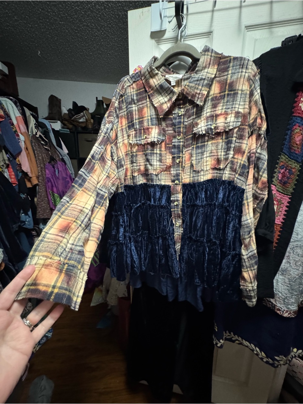 Oli & Hali "Delicate Embrace" Bleach Plaid Velvet Ruffle Shirt - Picture 2 of 3